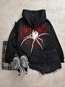 SHEIN EZwear 蜘蛛字母圖案落肩寬鬆拉鍊抽繩連帽衛衣，萬聖節穿搭百搭女裝 - 黑色 - 查看 3