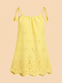 Travachic Tassel Decor Hollow Out Cover Up Dress - Light Yellow - View 6