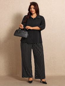 Elaquor Plus Solid Button Front Shirt & Polka Dot Wide Leg Pants - Black and White - View 6