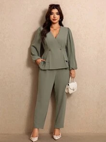 Elaquor Plus Size Solid Surplice Neck Lantern Sleeve Peplum Top & Pants Set Elegant Office Work Set For Women Fall/Winter Casual Daily Going Out Set For Women - Green - View 5
