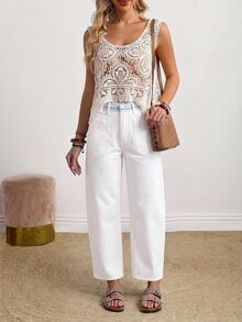 SHEIN PETITE High Waist Straight Leg Jeans - White - View 6