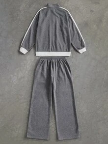 SHEIN Coolqubz 青少年男孩2件套套裝，字母印花立領拉鍊運動夾克與對比條紋直筒運動長褲，附口袋，秋季套裝 - 灰色 - 查看 2