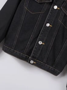 SHEIN Tween Boy 1pc Top-Stitching Flap Pocket Hooded Denim Jacket - Black - View 5