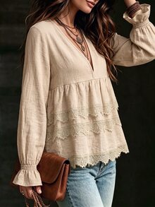 SHEIN Flounce Sleeve Contrast Lace Peplum Blouse - Apricot - View 5