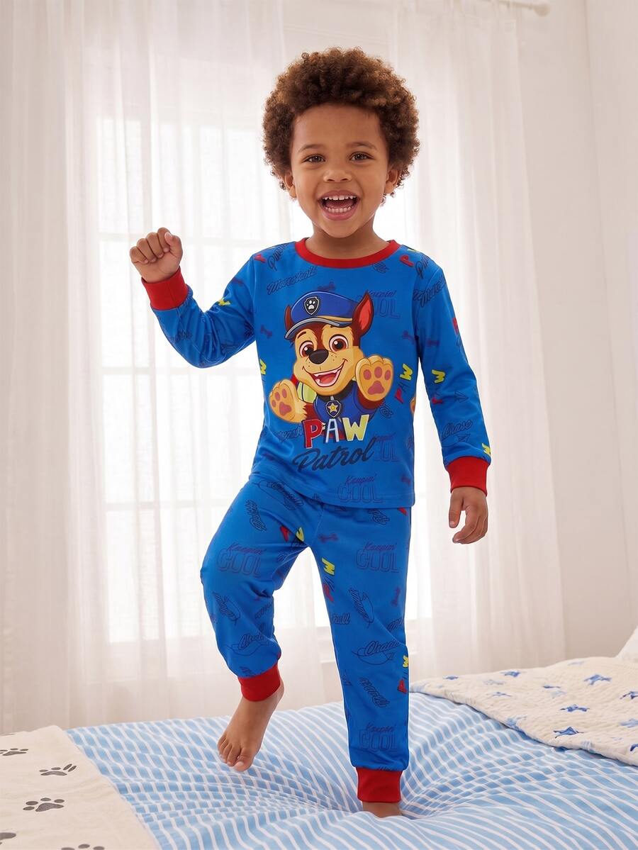SHEIN | PAW Patrol 小男孩卡通與字母圖案對比滾邊睡衣套裝 - 彩色 - 查看 1