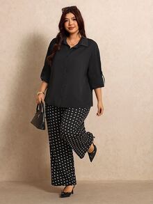 Elaquor Plus Solid Button Front Shirt & Polka Dot Wide Leg Pants - Black and White - View 5