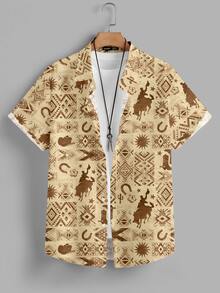 Azurnel Men Animal & Geo Patchwork Print Shirt - Khaki - View 2
