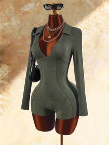 Amplova Solid Rib-Knit Deep V-Collar Unitard Romper - Army Green - View 2