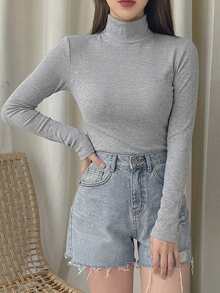 DAZY Solid High Neck Ribbed Knit Slim Fit Tee - Grey - View 5