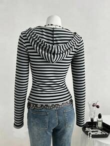 Elamini Women's Autumn/Winter Comfy And Cozy Striped Zip Through Hooded Jacket. - Black - View 2