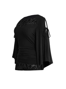 ROMWE Goth Plus Contrast Lace Trumpet Sleeve Tee - Black - View 5
