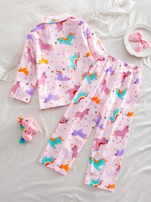SHEIN 女童獨角獸印花長袖上衣與長褲睡衣套裝 - 粉色 - 查看 3