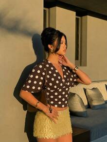 Aloruh Polka Dot Print Batwing Sleeve Tee - Brown - View 3