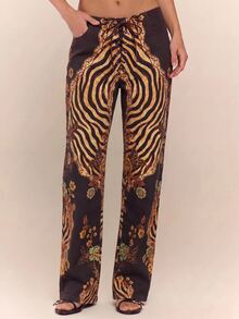 MUSERA Peacock Print Lace Up Straight Leg Printed Jeans Coo - Mocha Brown - View 3