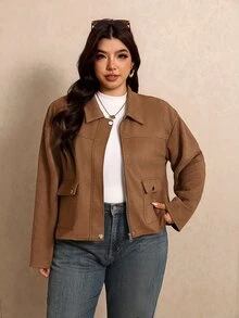 Elaquor Plus Size Suede Flap Pocket Zip Up Jacket Fall - Brown - View 6
