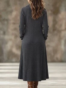 Linhara CURVE Plus Button Front Slant Pocket Dress Fall - Dark Grey - View 2