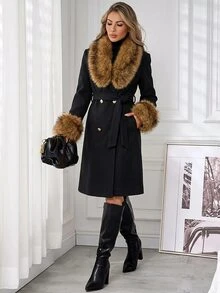 Lavishia Contrast Fuzzy Double Breasted Belted Overcoat - Multicolor - View 8