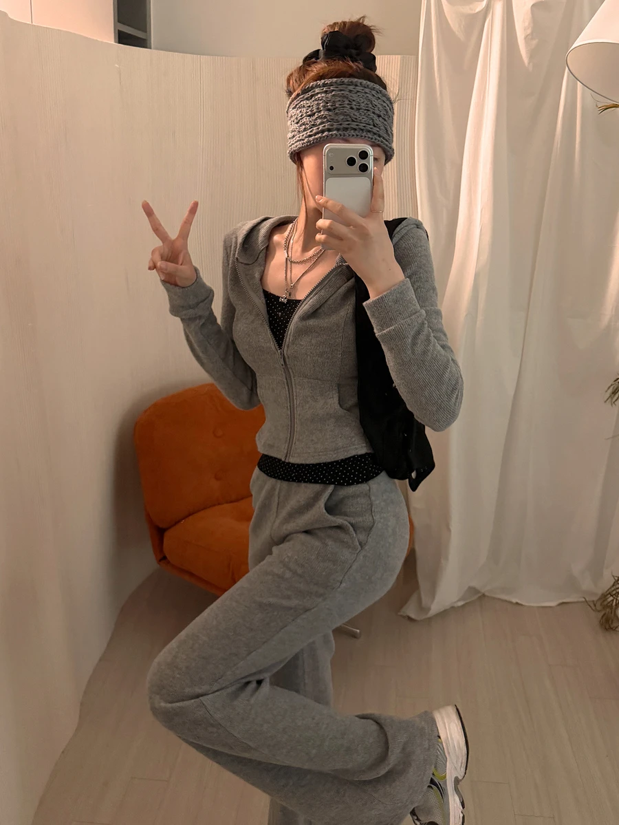 DAZY Solid Zip Through Hooded Jacket & Sweatpants Fall - Pink - View 1