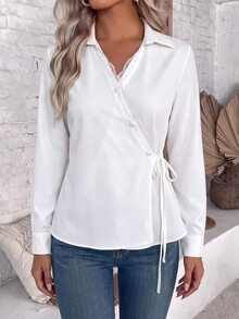 SHEIN LUNE Solid Contrast Lace Trim Knot Side Wrap Shirt - White - View 1