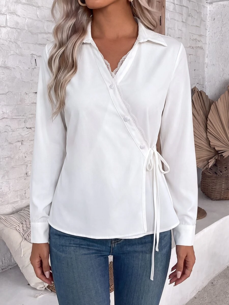 SHEIN LUNE Solid Contrast Lace Trim Knot Side Wrap Shirt - White - View 1