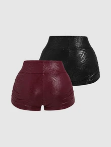 SHEIN EZwear 2 piezas de pantalones cortos con relieve de cocodrilo y fruncidos - Multicolor - Ver 2