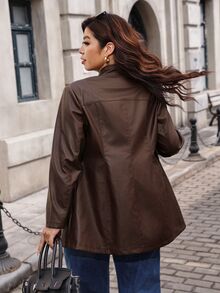 Reflora Plus Zip Up PU Leather Coat Winter - Brown - View 3