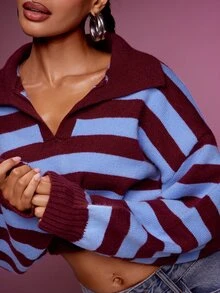 Denimoi Sweater Rajut Pendek Kerah Polo Garis Kontras Wanita, Atasan Pendek Lengan Panjang Bahu Jatuh Leher V - Burgundy - View 6