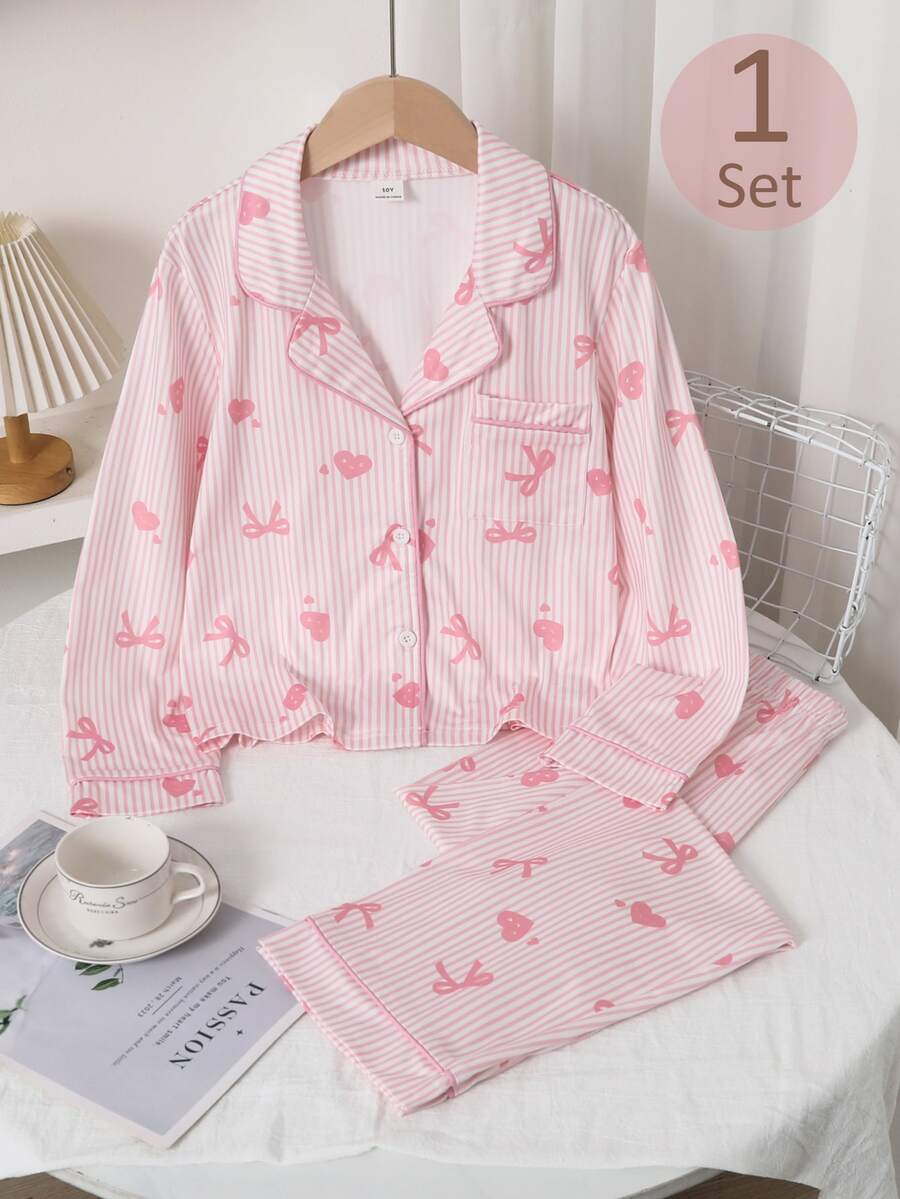 SHEIN 少女條紋蝴蝶結愛心印花對比滾邊睡衣套裝 - 淺粉色 - 查看 1