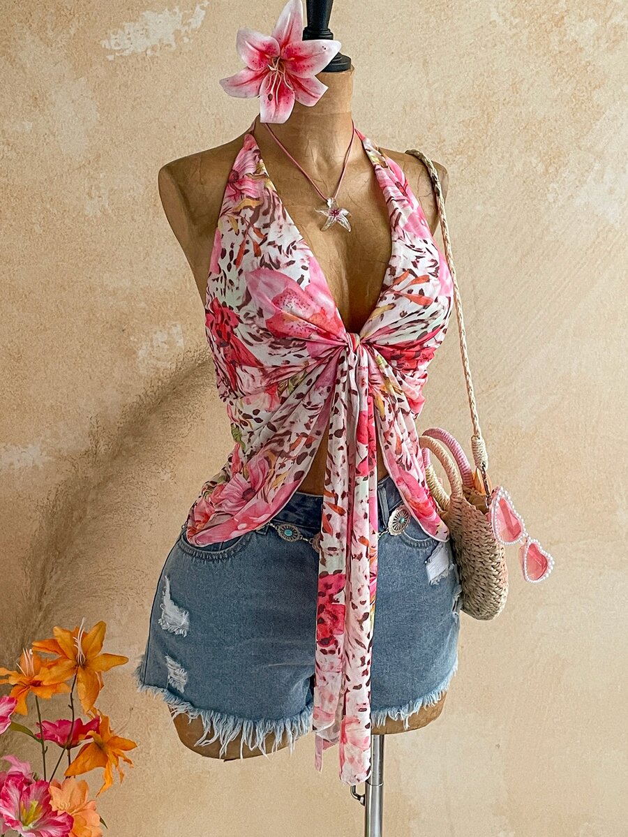 Soleia Plus Floral Print Tie Front Halter Top - Multicolor - View 1