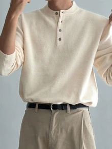 DAZY Men Solid Half Button Sweater Fall - White - View 7