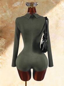Amplova Solid Rib-Knit Deep V-Collar Unitard Romper - Army Green - View 6