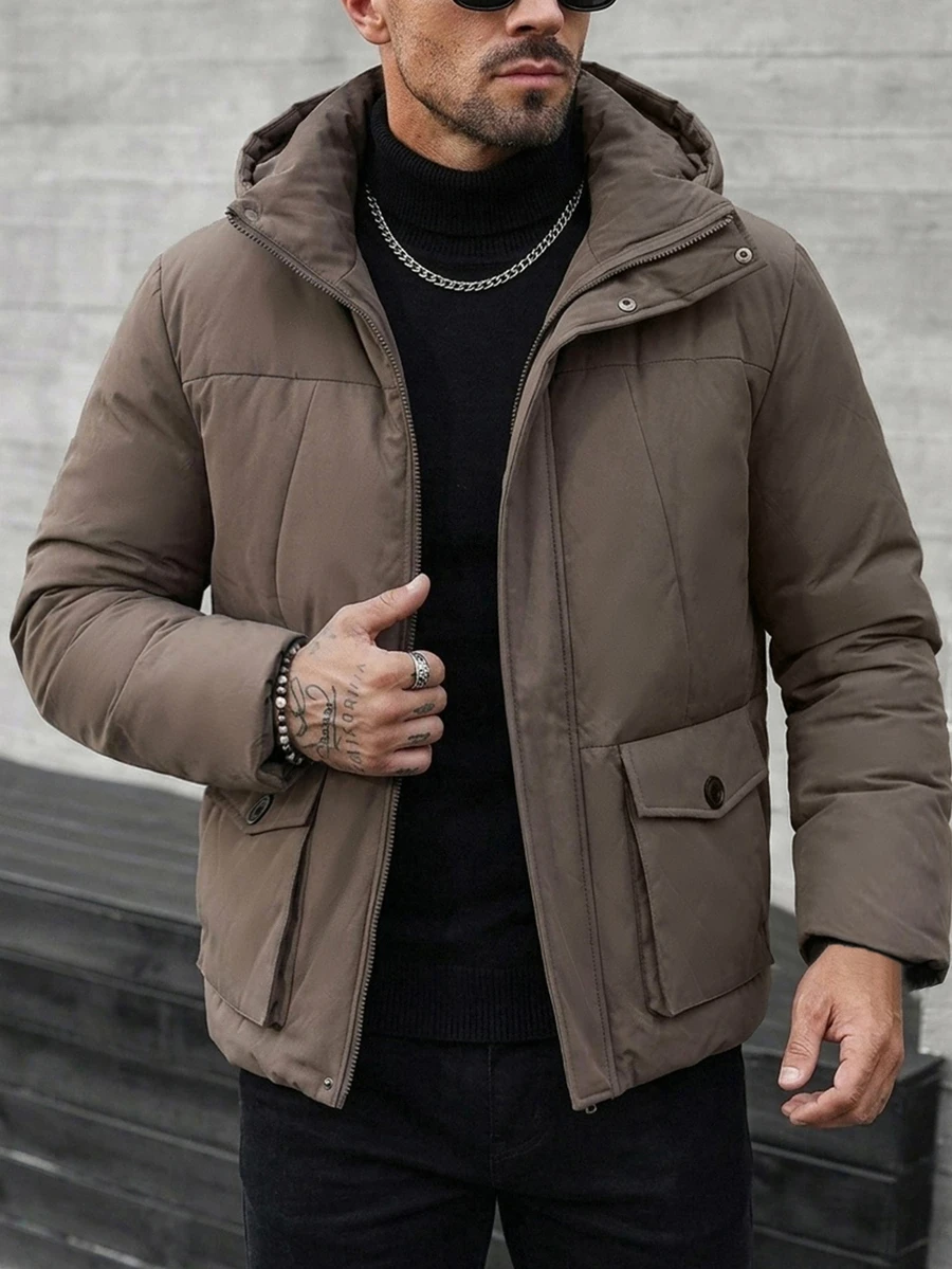 DAZY Men Flap Pocket Hooded Puffer Coat - Grey - View 1