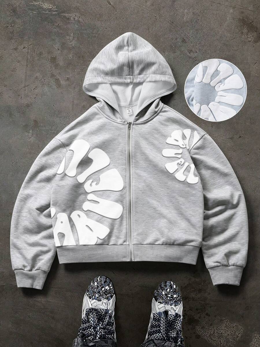 SHEIN 青少年男孩字母圖案拉鍊連帽衛衣 - 淺灰色 - 查看 1