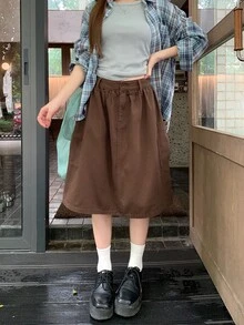 DAZY Solid Pocket Side Denim Skirt - Coffee Brown - View 6