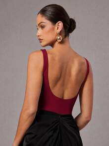 Silquee Solid Round Neck Tank Bodysuit - Red - View 5