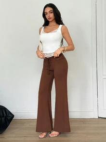 SHEIN Contrast Lace Knot Waist Flare Leg Pants Brunch Work Everyday ...