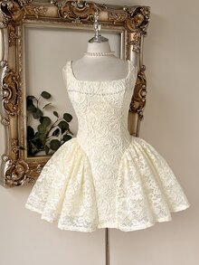 Lovelzi Floral Embroidery Lace Bridal Shower Bachelorette Wedding Dress All White Fall Elegant - White - View 7