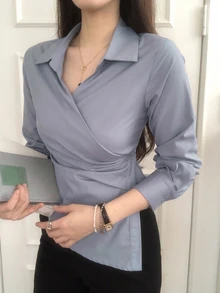 DAZY Solid Asymmetrical Hem Wrap Placket Shirt - Blue - View 8