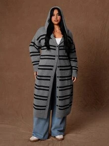 Rustia Plus Striped Pattern Drop Shoulder Hooded Duster Cardigan Winter - Multicolor - View 7