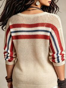 SHEIN CURVE+ كنزة صوفية بنمط أمريكانا مع أكتاف منسدلة مقاس كبير - متعدد الألوان - مشاهدة 2