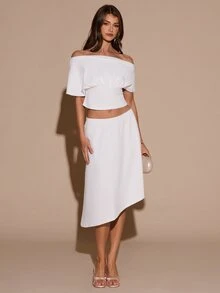 SHEIN BAE Atasan Crop Tanpa Bahu & Rok dengan Hem Asimetris - Putih - View 3