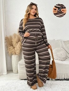 Plussiva Plus-Size Striped Print Drop-Shoulder T-Shirt And Pants Set (Autumn Style) – Casual Everyday Wear  Fall/Winter - Brown - View 1