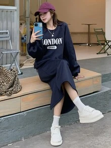 DAZY 女款字母圖案插肩袖套頭運動衫與裙子套裝居家休閒套裝 - 藍色 - 查看 2
