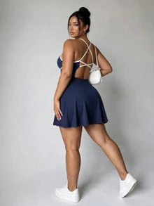 SHEIN Velisys Gaun Olahraga Wanita Ukuran Besar untuk Pickleball Warna Biru Navy Gaya Kawaii - Biru - View 2