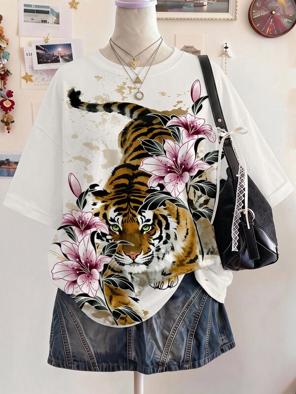 Girls Tiger & Floral Print Drop Shoulder Tee