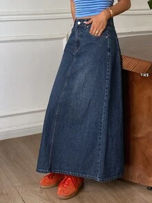 DAZY Solid Slant Pocket Denim Skirt Vacation - Blue - View 6