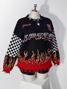 SHEIN ICON Plus Checker & Letter Pattern Drop Shoulder Distressed Sweater - Multicolor - View 5
