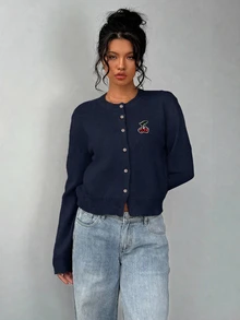 SHEIN BASICS 櫻桃刺繡前開扣開襟衫 - 彩色 - 查看 3