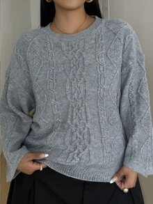 POPSWAY Plus Size Solid Cable Knit Drop Shoulder Crop Sweater Winter - Grey - View 5