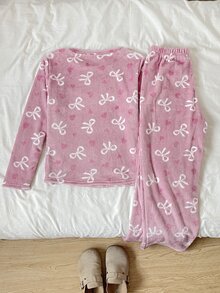 SHEIN Teen Girl Fall Winter Bow Heart Pattern Flannel Pajamas Set - Dusty Pink - View 3